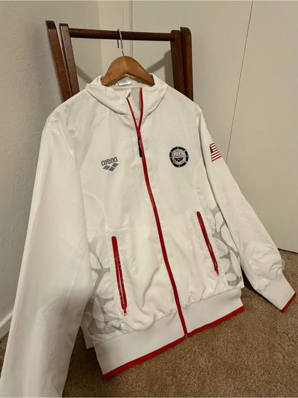 Arena White Track Jacket with Red Trim and USA Patch